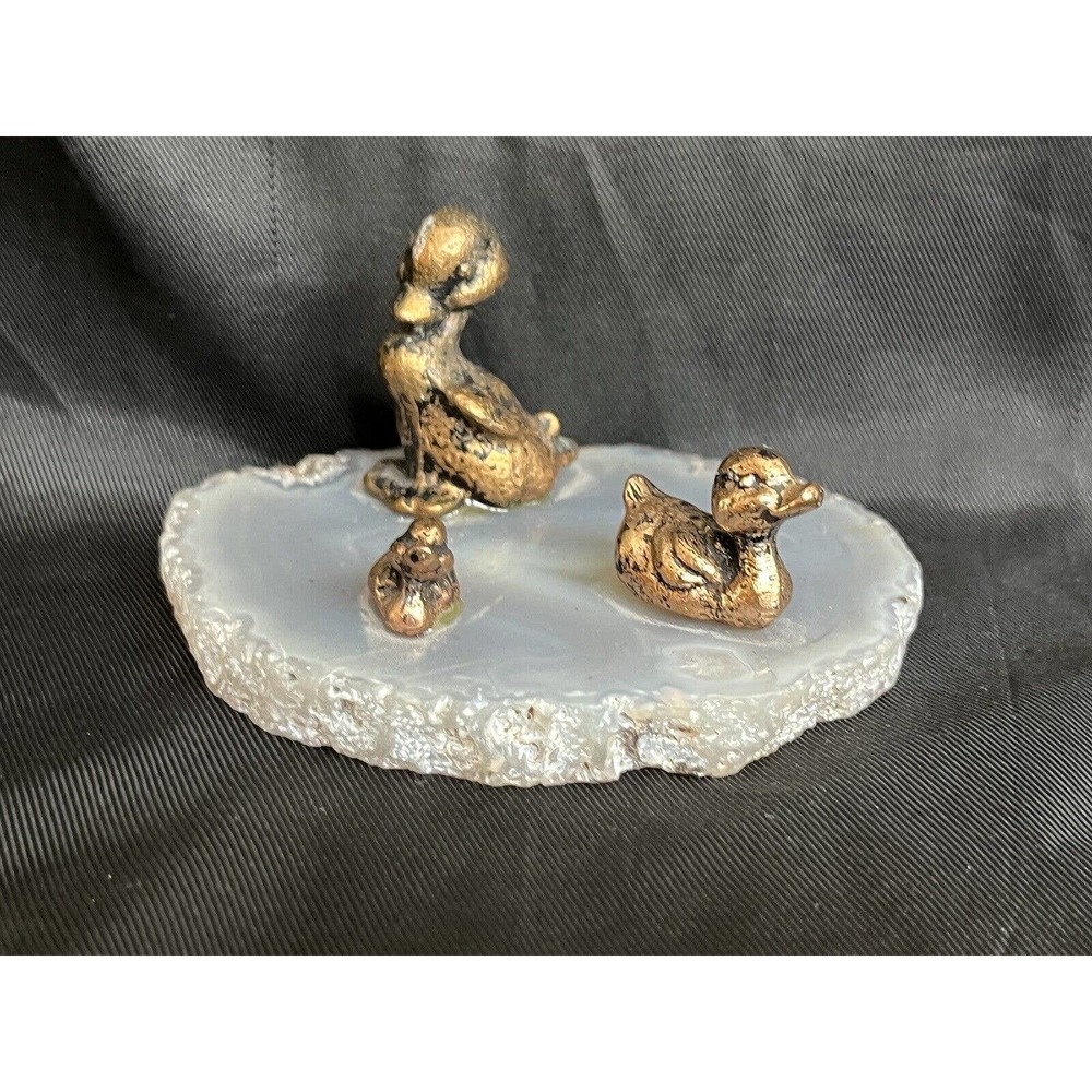 Vintage Miniature Mom Duck & Ducklings 24K Gold Plated on Agate Stone Pond 3"